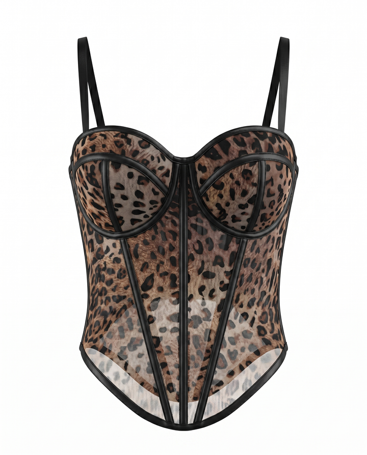 SOLACE  Leopard Print Mesh Corset Top 