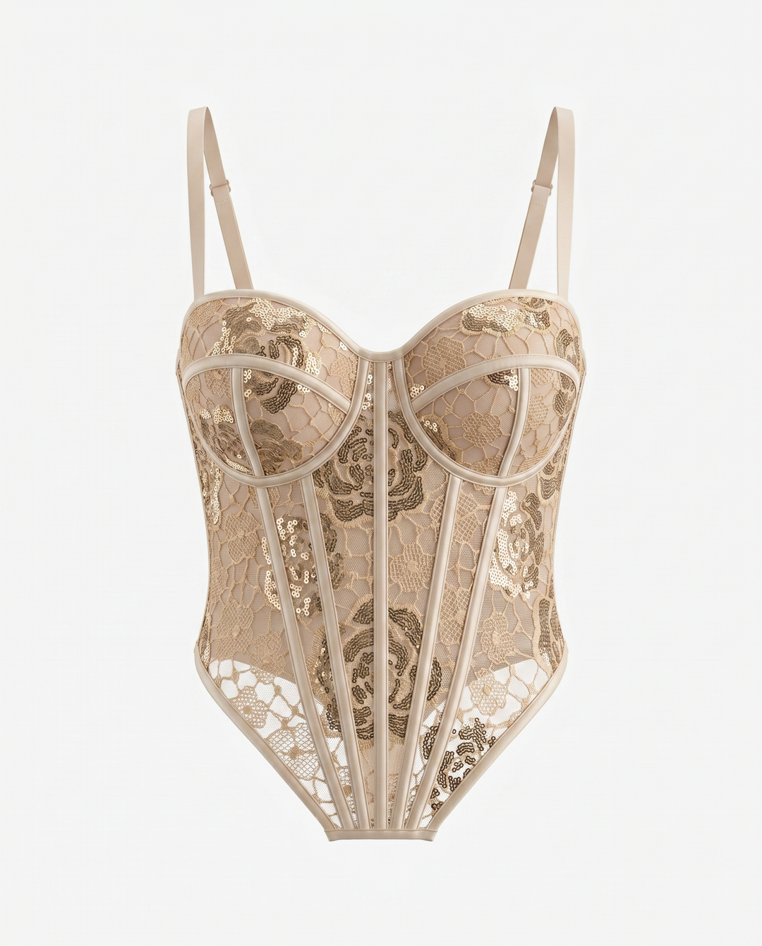 SOLACE  Beige Gold Sequin Lace Corset Top 