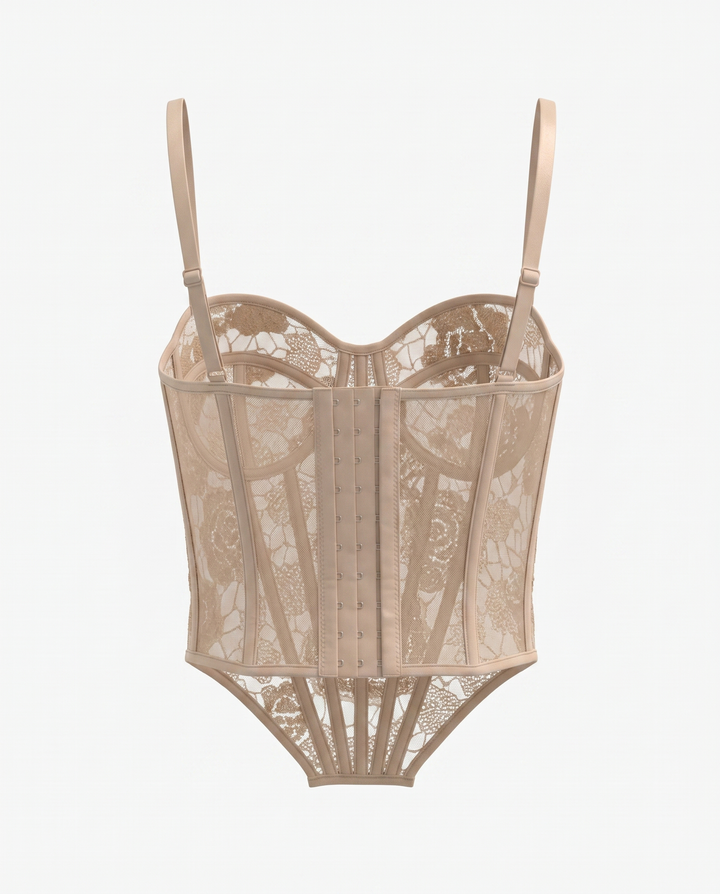 SOLACE  Beige Gold Sequin Lace Corset Top 
