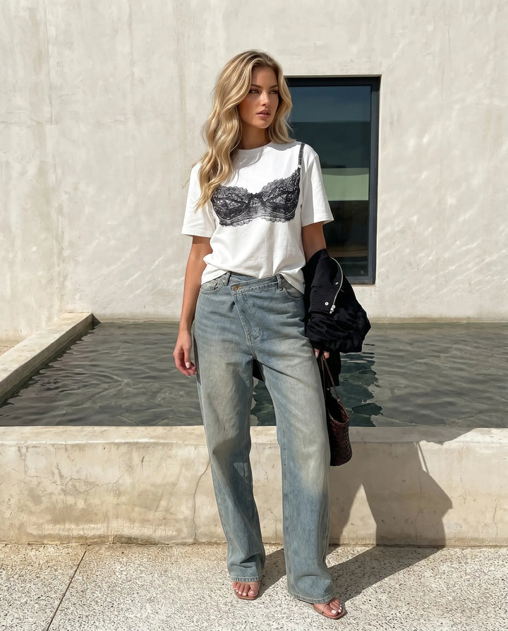 SOLACE  White Black Lace Bra Print Oversized T-Shirt 