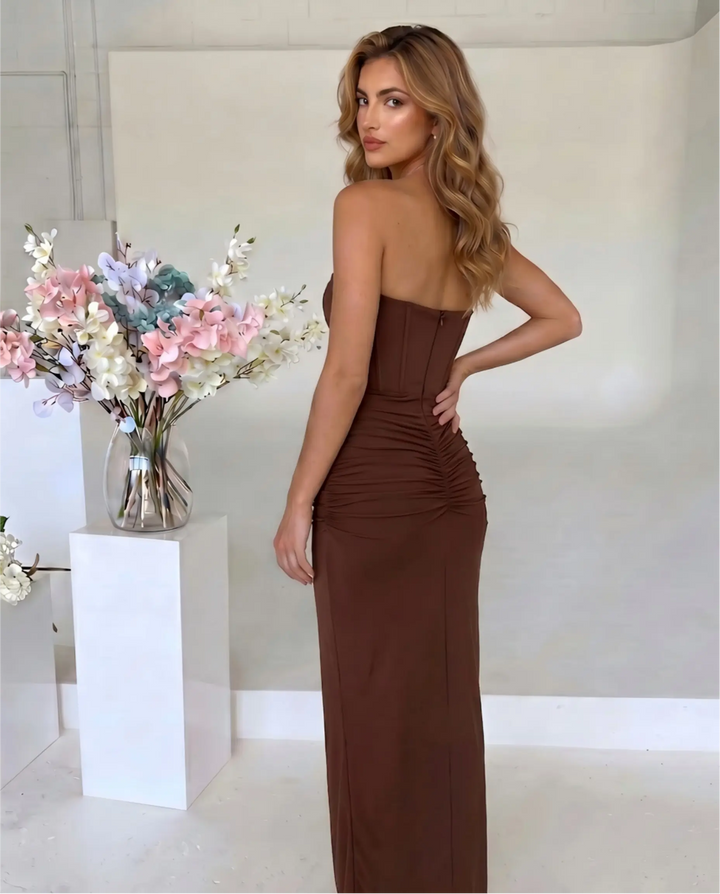 SOLACE  Brown Strapless Corset Draped High Slit Maxi Dress 
