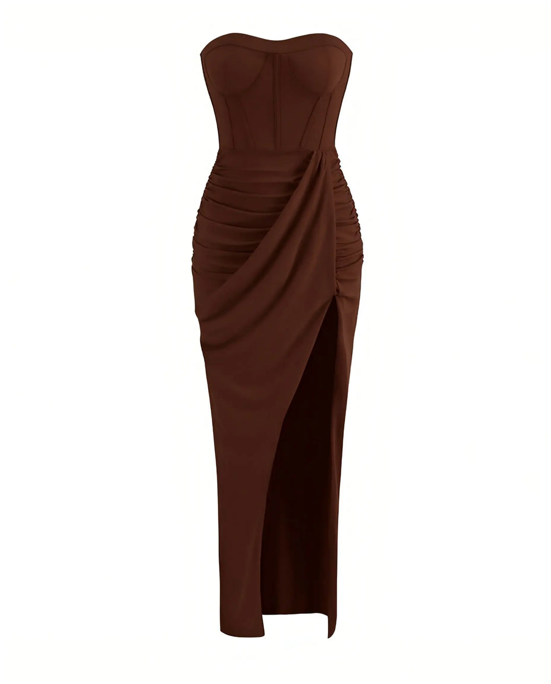 SOLACE  Brown Strapless Corset Draped High Slit Maxi Dress 