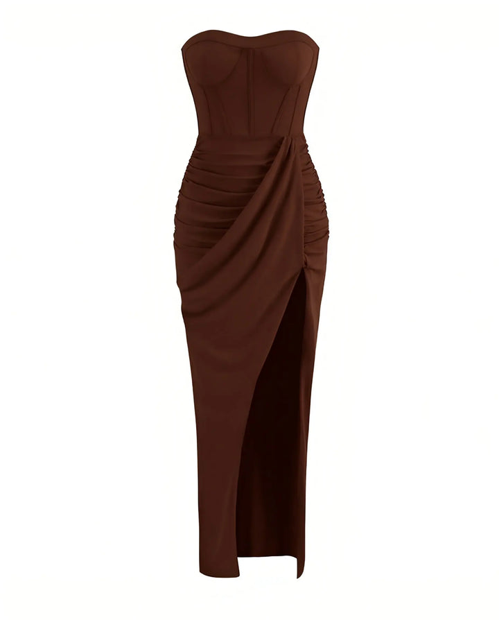 SOLACE  Brown Strapless Corset Draped High Slit Maxi Dress 