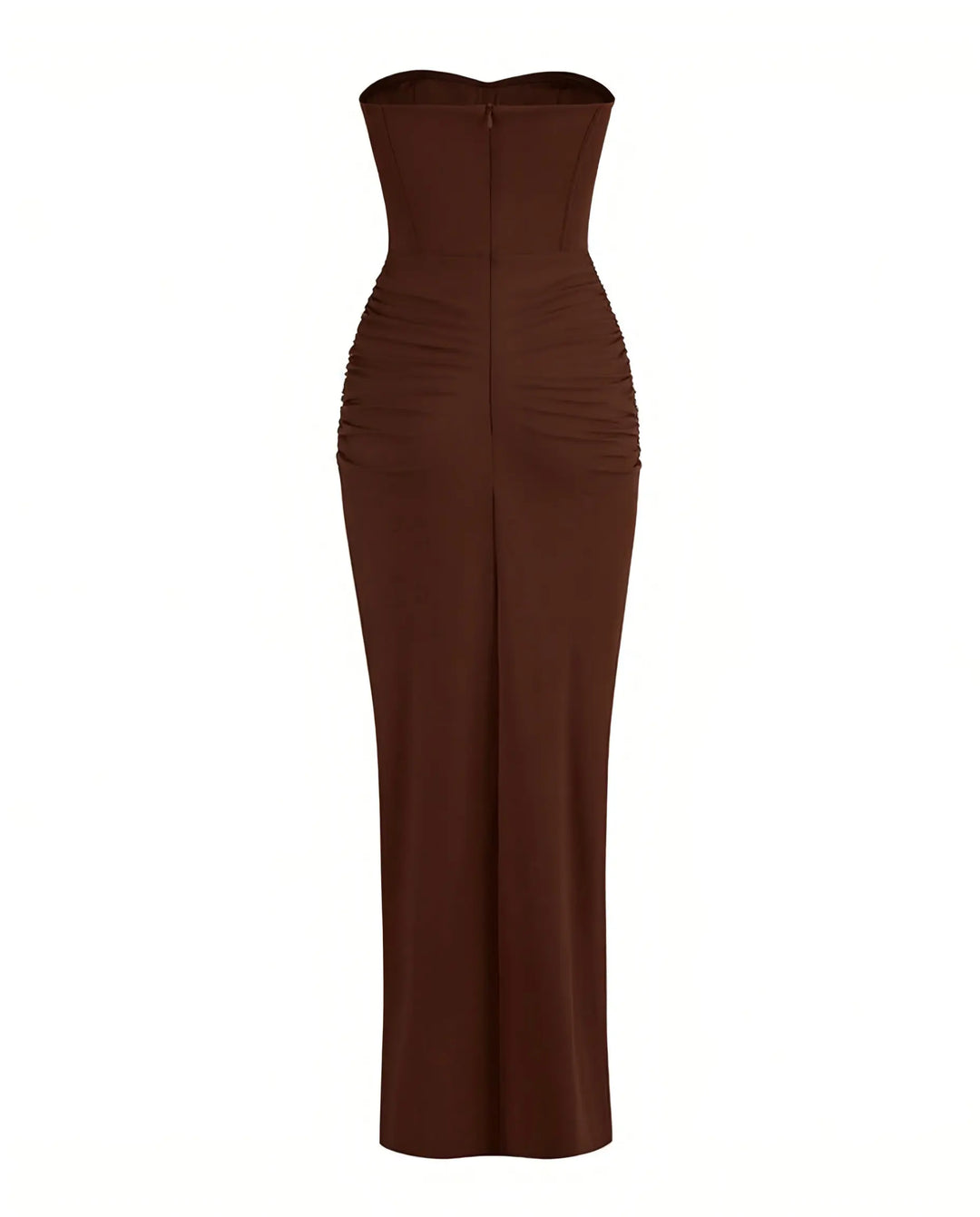 SOLACE  Brown Strapless Corset Draped High Slit Maxi Dress 