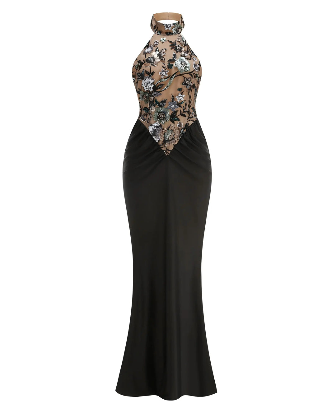 SOLACE  Black Floral Embroidered Halter Neck Mermaid Maxi Dress 