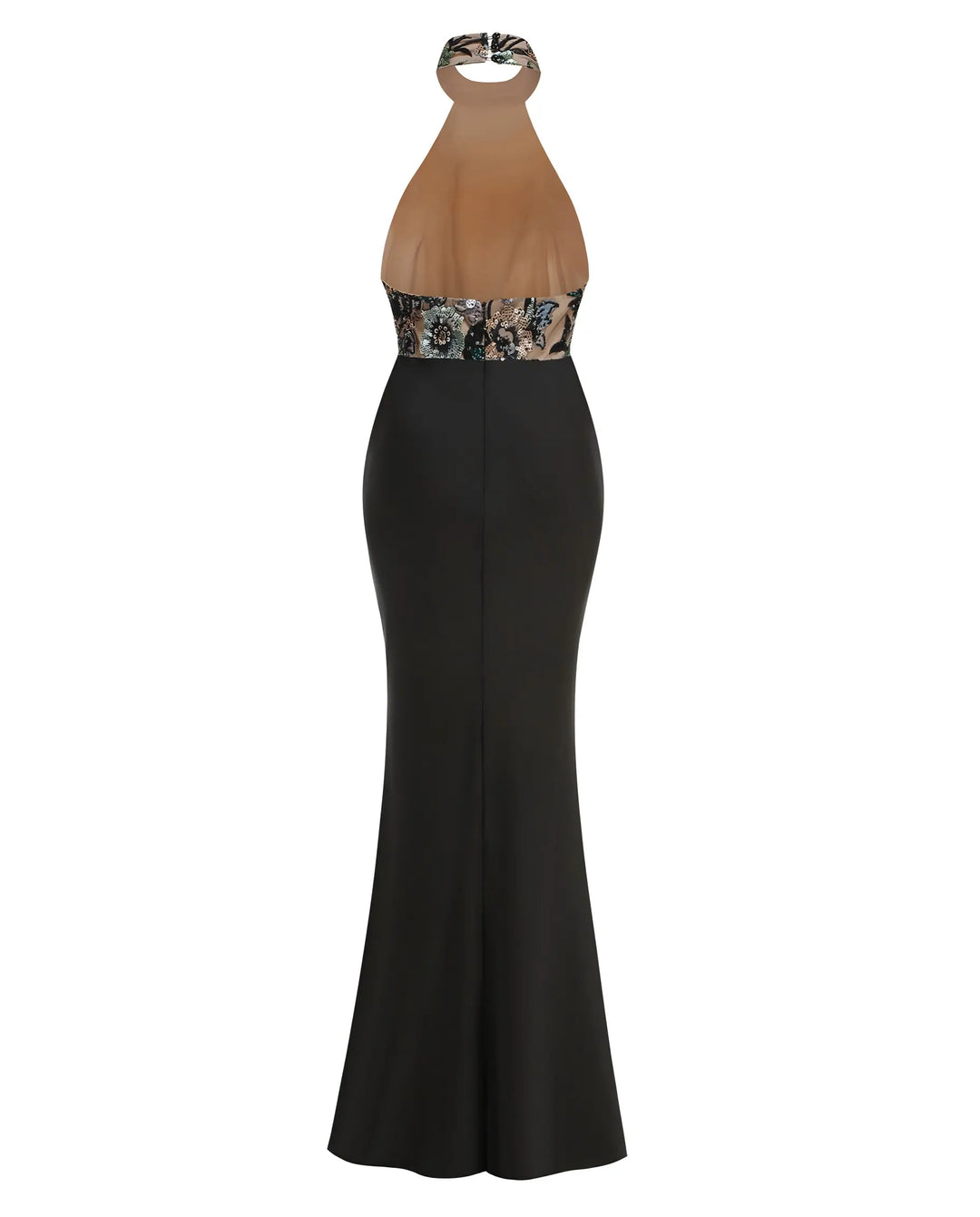 SOLACE  Black Floral Embroidered Halter Neck Mermaid Maxi Dress 