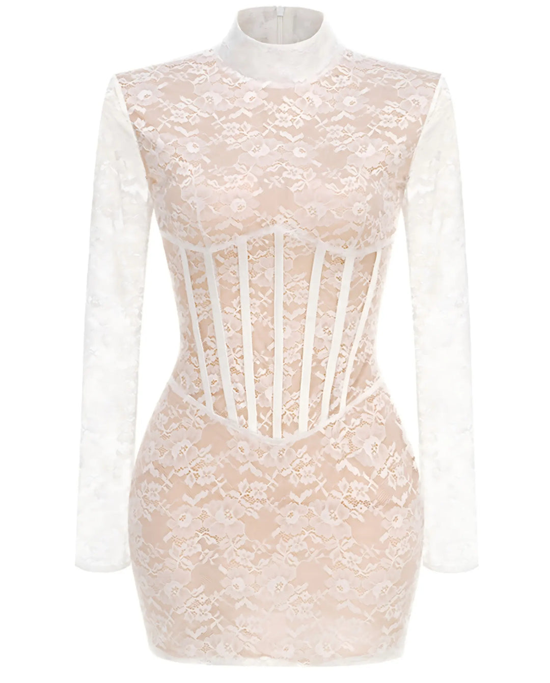 SOLACE  White Lace High Neck Corset Long Sleeve Mini Dress 