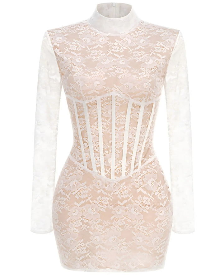 SOLACE  White Lace High Neck Corset Long Sleeve Mini Dress 