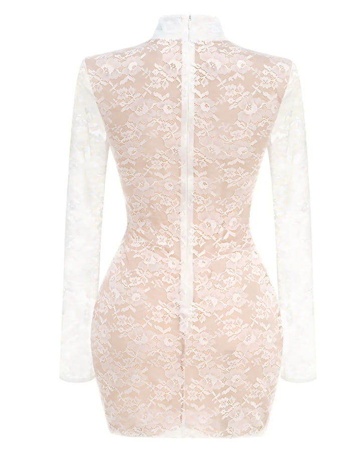 SOLACE  White Lace High Neck Corset Long Sleeve Mini Dress 