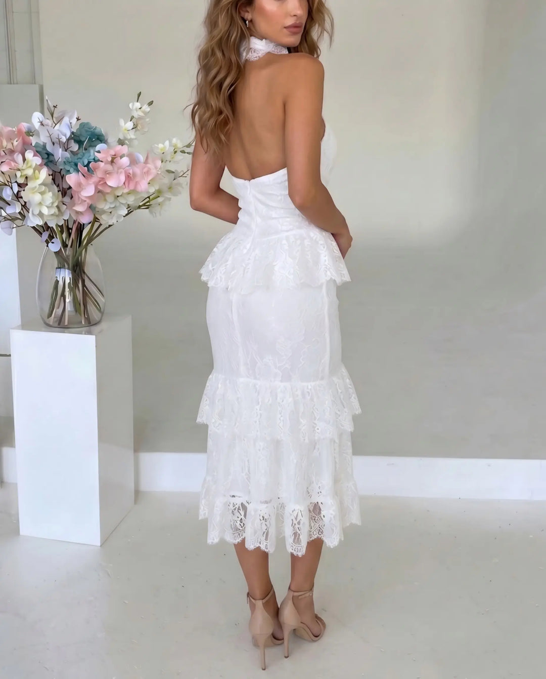 SOLACE  White Lace Halter Neck Tiered Ruffle Midi Dress 