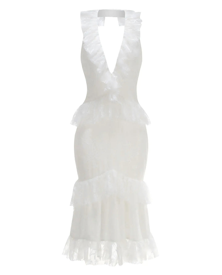 SOLACE  White Lace Halter Neck Tiered Ruffle Midi Dress 