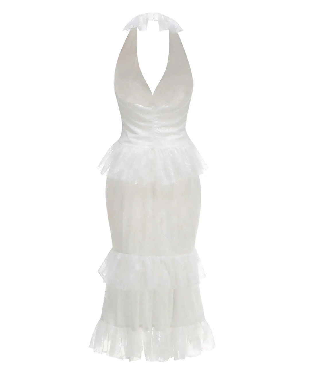 SOLACE  White Lace Halter Neck Tiered Ruffle Midi Dress 