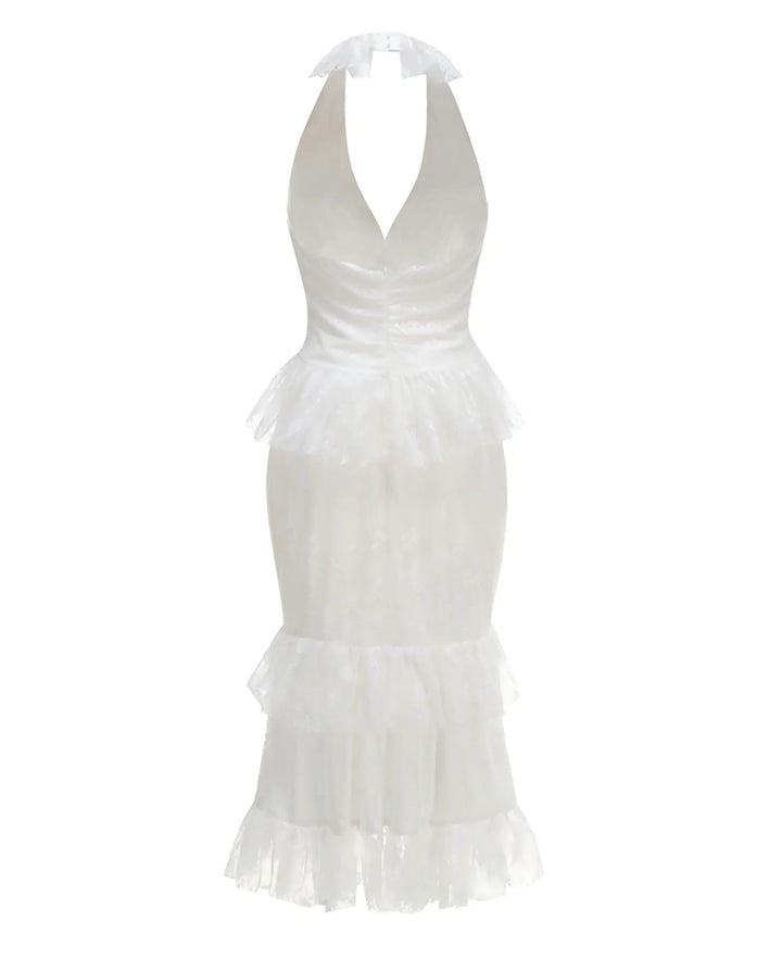 SOLACE  White Lace Halter Neck Tiered Ruffle Midi Dress 