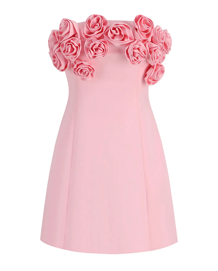 SOLACE  Pink Strapless 3D Rose Lace-Up Mini Dress 