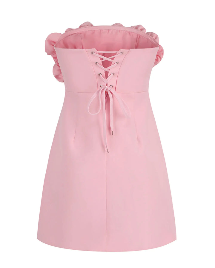 SOLACE  Pink Strapless 3D Rose Lace-Up Mini Dress 