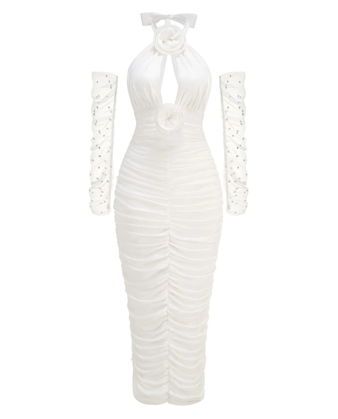 SOLACE  White Halter Neck Ruched Mermaid Maxi Dress 