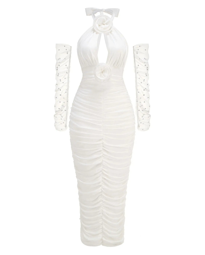 SOLACE  White Halter Neck Ruched Mermaid Maxi Dress 