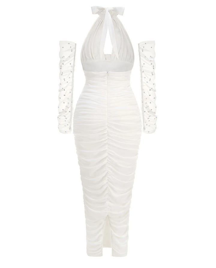 SOLACE  White Halter Neck Ruched Mermaid Maxi Dress 