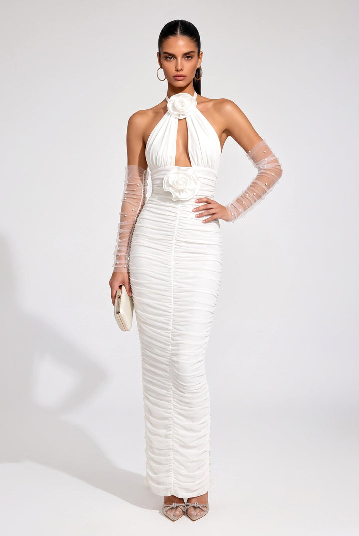 SOLACEWhite Halter Neck Ruched Mermaid Maxi Dress