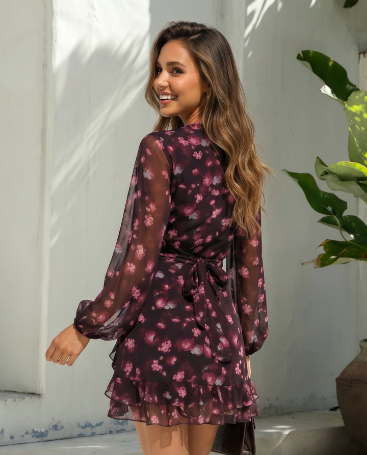 SOLACE  Purple Pink Floral Print Long Sleeve Ruffled Hem Mini Dress 