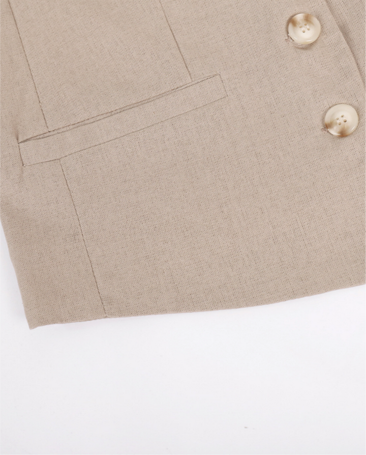 Beige Linen Blend Waistcoat Wide Leg Pants Set