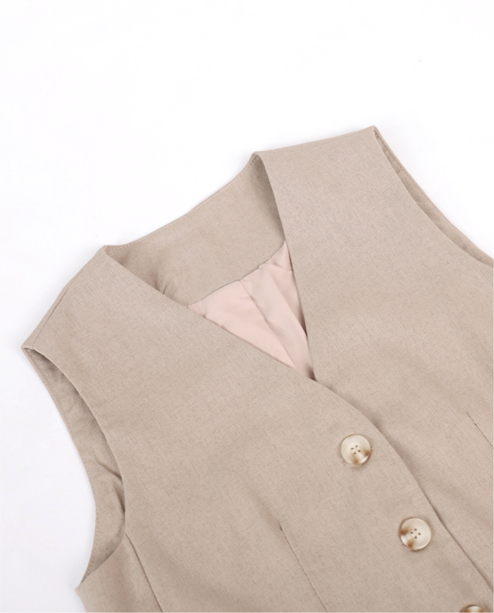Beige Linen Blend Waistcoat Wide Leg Pants Set