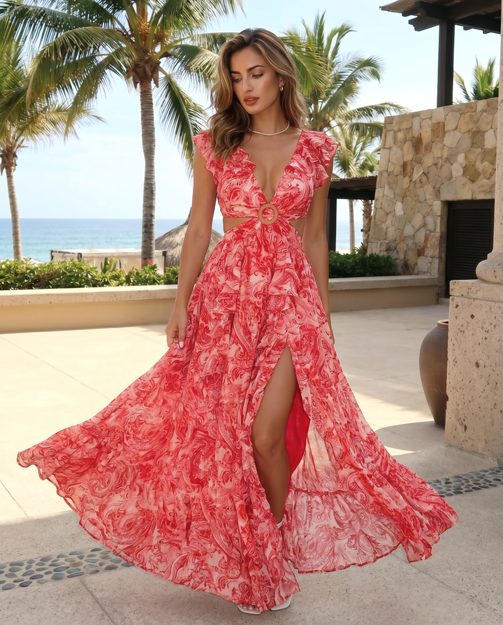 Red Print Ruffle Cap Sleeve Ring Cutout Waist High Slit Maxi Dress