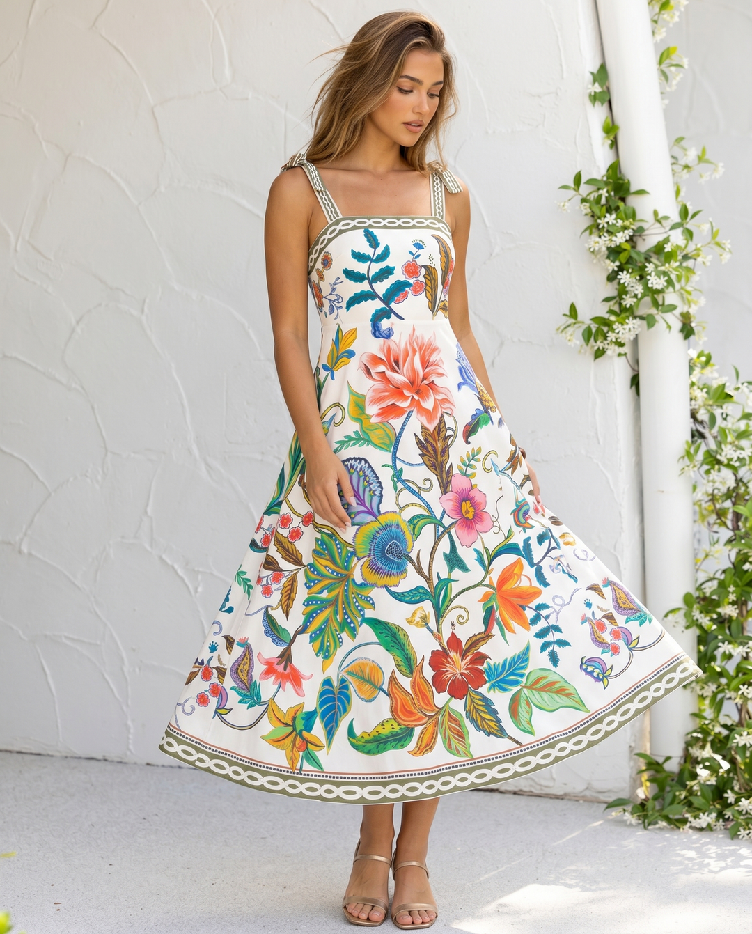 Multicolor Floral Print Square Neck Tie Strap A Line Midi Dress