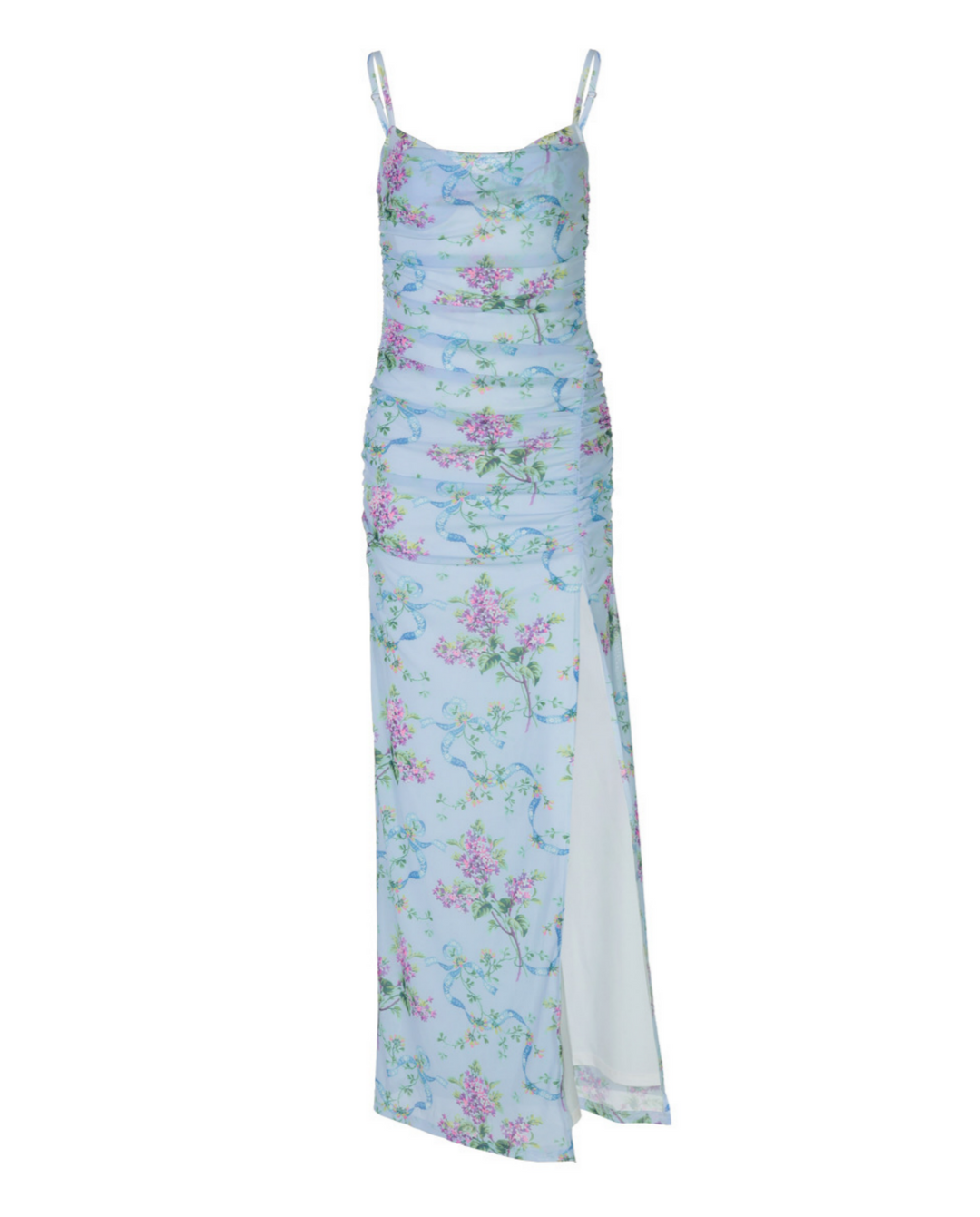 SOLACE  Light Blue Floral Print Ruched Maxi Dress 