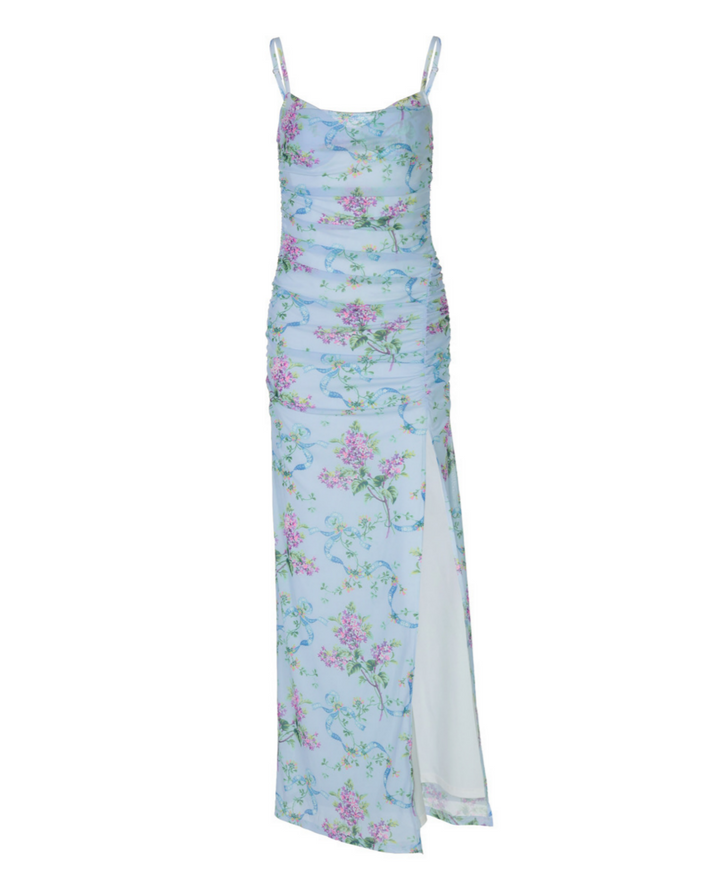SOLACE  Light Blue Floral Print Ruched Maxi Dress 