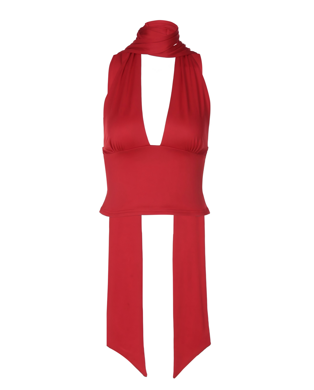 SOLACE  Red Halter Neck Choker Scarf Detail Crop Top 