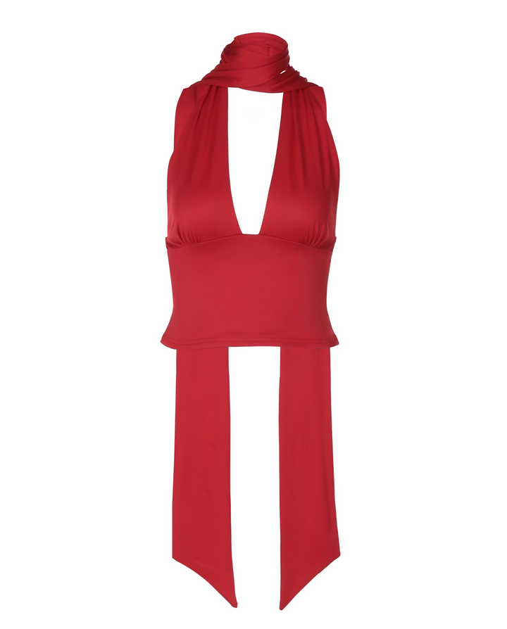 SOLACE  Red Halter Neck Choker Scarf Detail Crop Top 