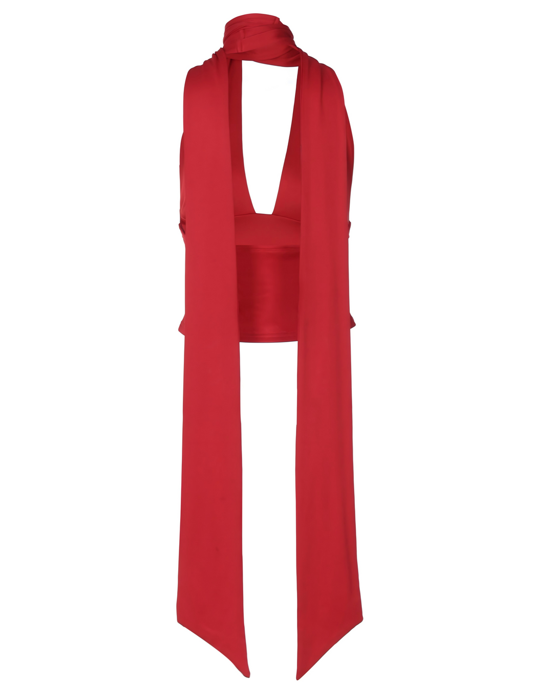 SOLACE  Red Halter Neck Choker Scarf Detail Crop Top 