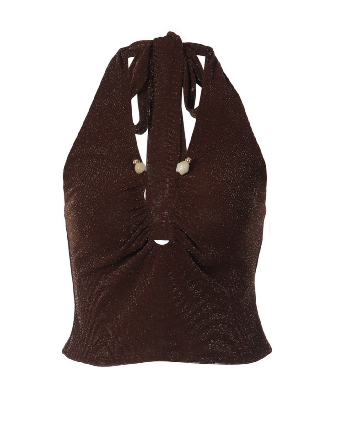 Brown Glitter Ruched Keyhole Halter Neck Top