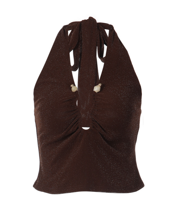 Brown Glitter Ruched Keyhole Halter Neck Top