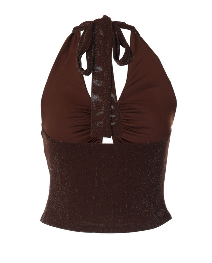 Brown Glitter Ruched Keyhole Halter Neck Top