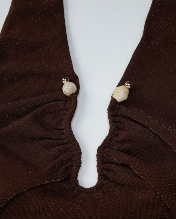 Brown Glitter Ruched Keyhole Halter Neck Top
