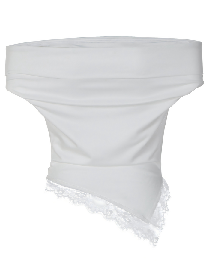 SOLACE  White Off-Shoulder Lace Trimmed Asymmetric Hem Top 