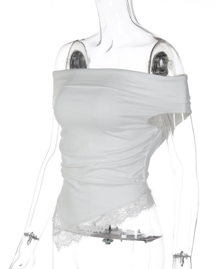 White Off-Shoulder Lace Trimmed Asymmetric Hem Top