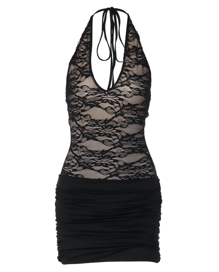 SOLACE  Black Lace Halter Neck Mini Dress 