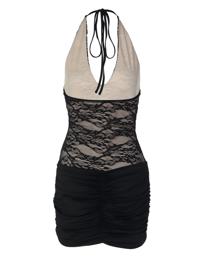 SOLACE  Black Lace Halter Neck Mini Dress 