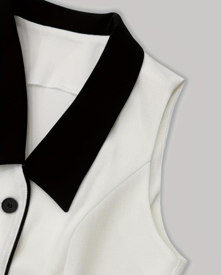 Off White Black Lapel Vest High Waist Shorts Set