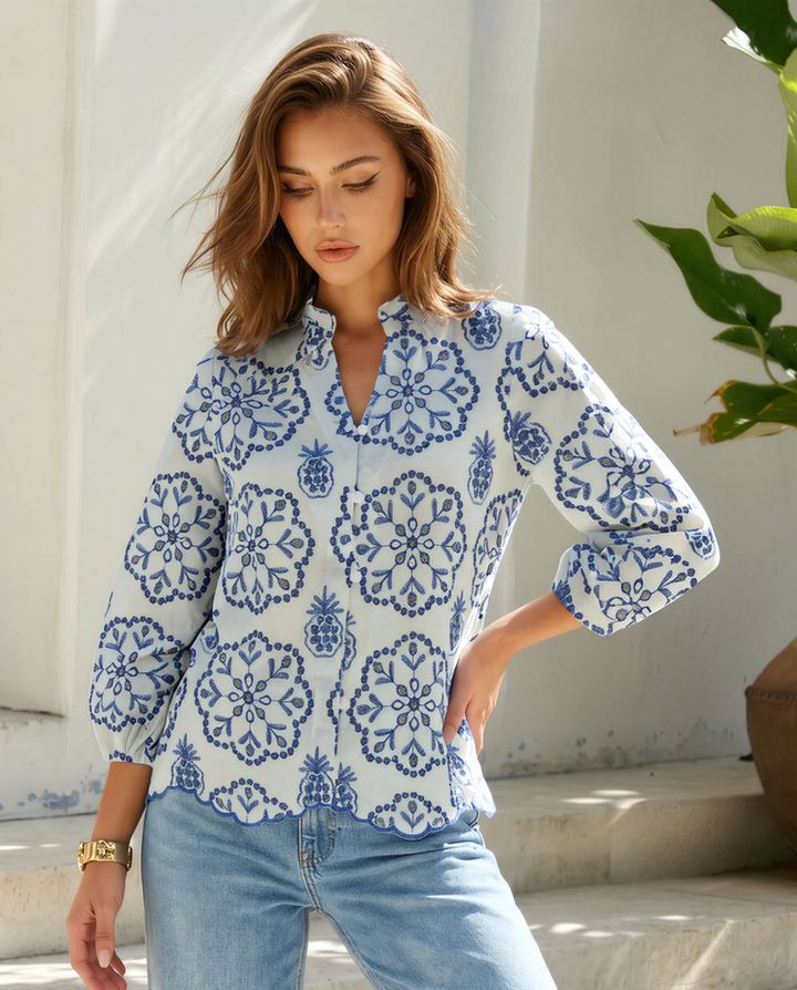 SOLACE  White Blue Geometric Embroidered Stand Collar Blouse 
