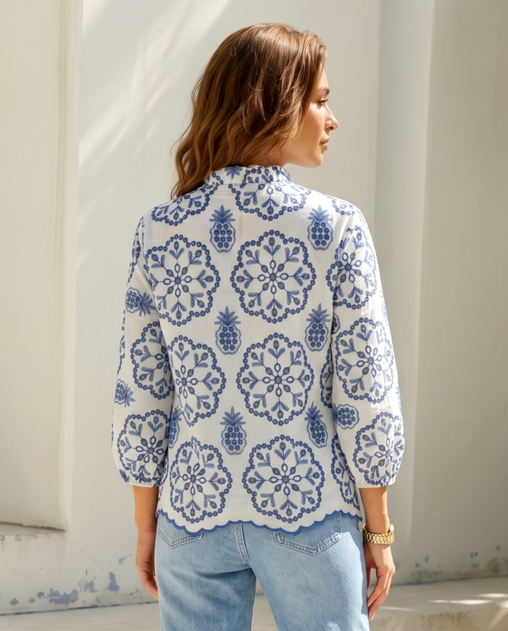 SOLACE  White Blue Geometric Embroidered Stand Collar Blouse 