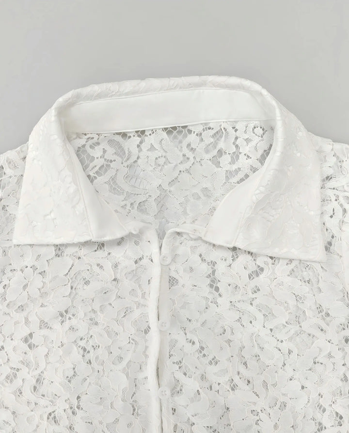 SOLACE  White Floral Lace Button Down Blouse 