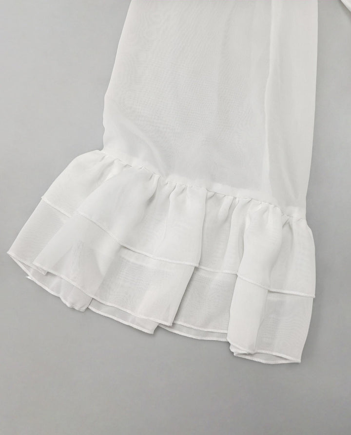 White Sheer Chiffon Bow Neck Ruffled Cuffs Blouse