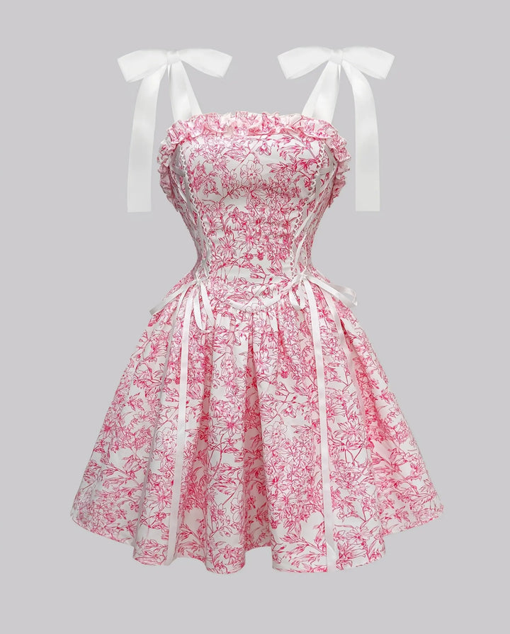 Pink Floral Print Corset Bow Straps Mini Dress