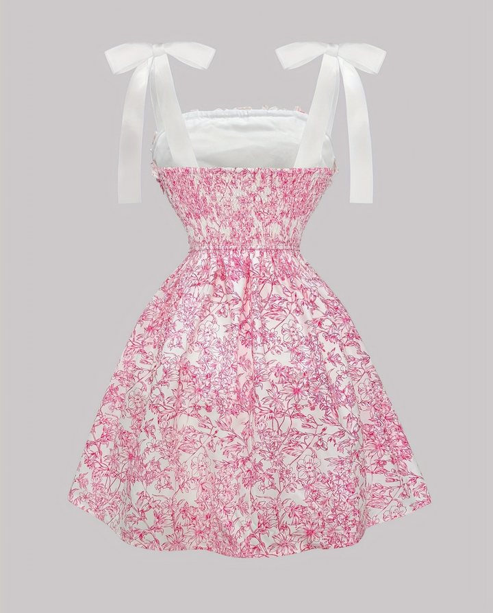 Pink Floral Print Corset Bow Straps Mini Dress