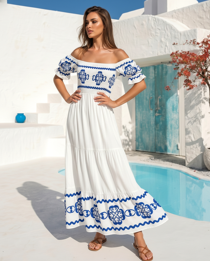 White Blue Ethnic Border Print Off Shoulder Puff Sleeve Tiered Smocked Maxi Dress