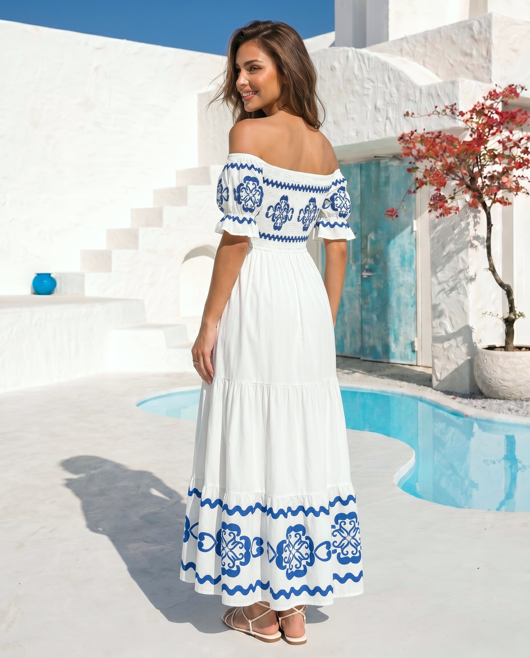 White Blue Ethnic Border Print Off Shoulder Puff Sleeve Tiered Smocked Maxi Dress